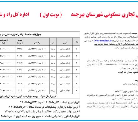 آگهی مزایده اراضی تجاری مسکونی شهرستان بیرجند